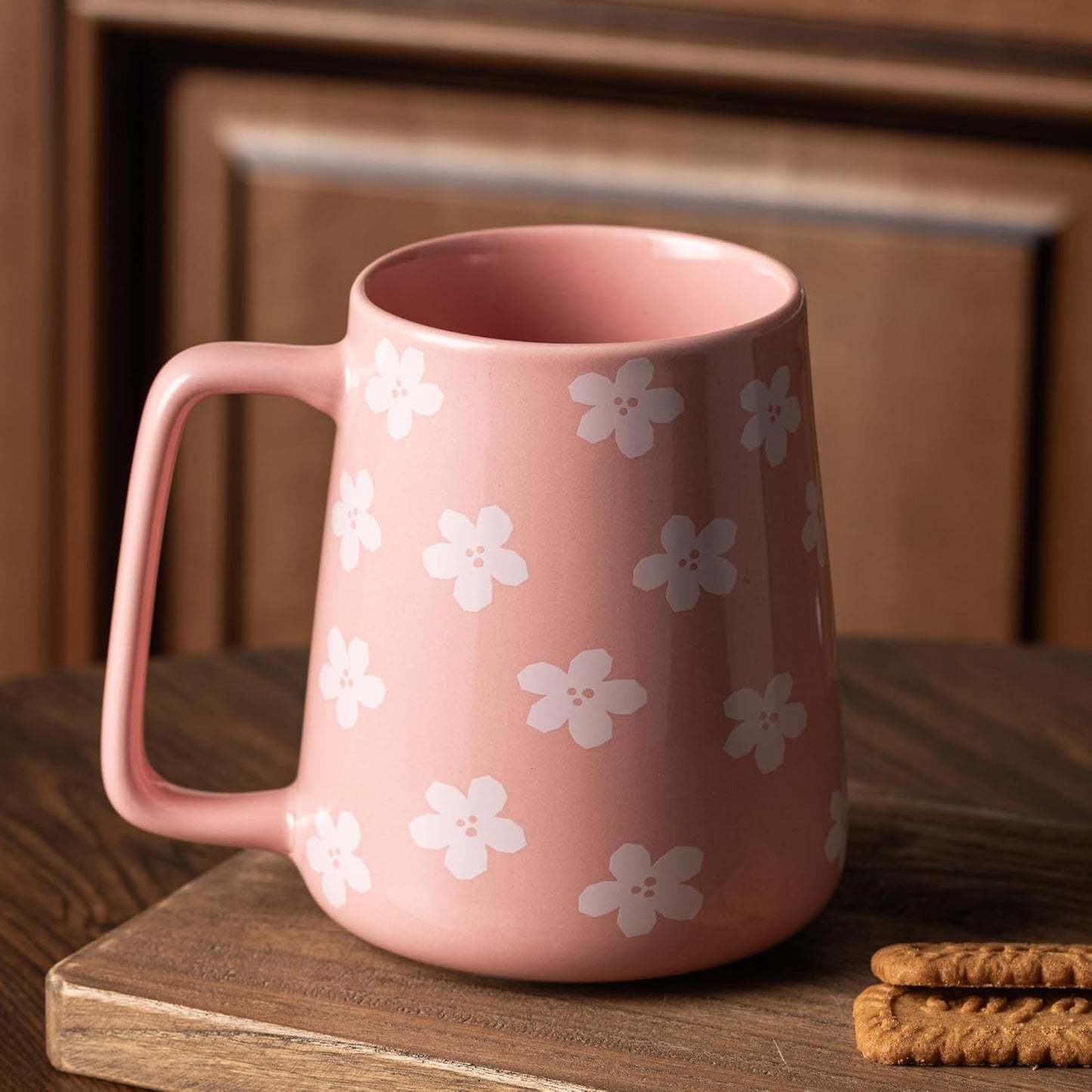 24oz Pink Ceramic Coffee Mug with Cherry Blossom Pattern, Large Capacity Square Handle Cup for Coffee, Tea, Milk, Hot Chocolate, Office & Home