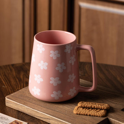 24oz Pink Ceramic Coffee Mug with Cherry Blossom Pattern, Large Capacity Square Handle Cup for Coffee, Tea, Milk, Hot Chocolate, Office & Home
