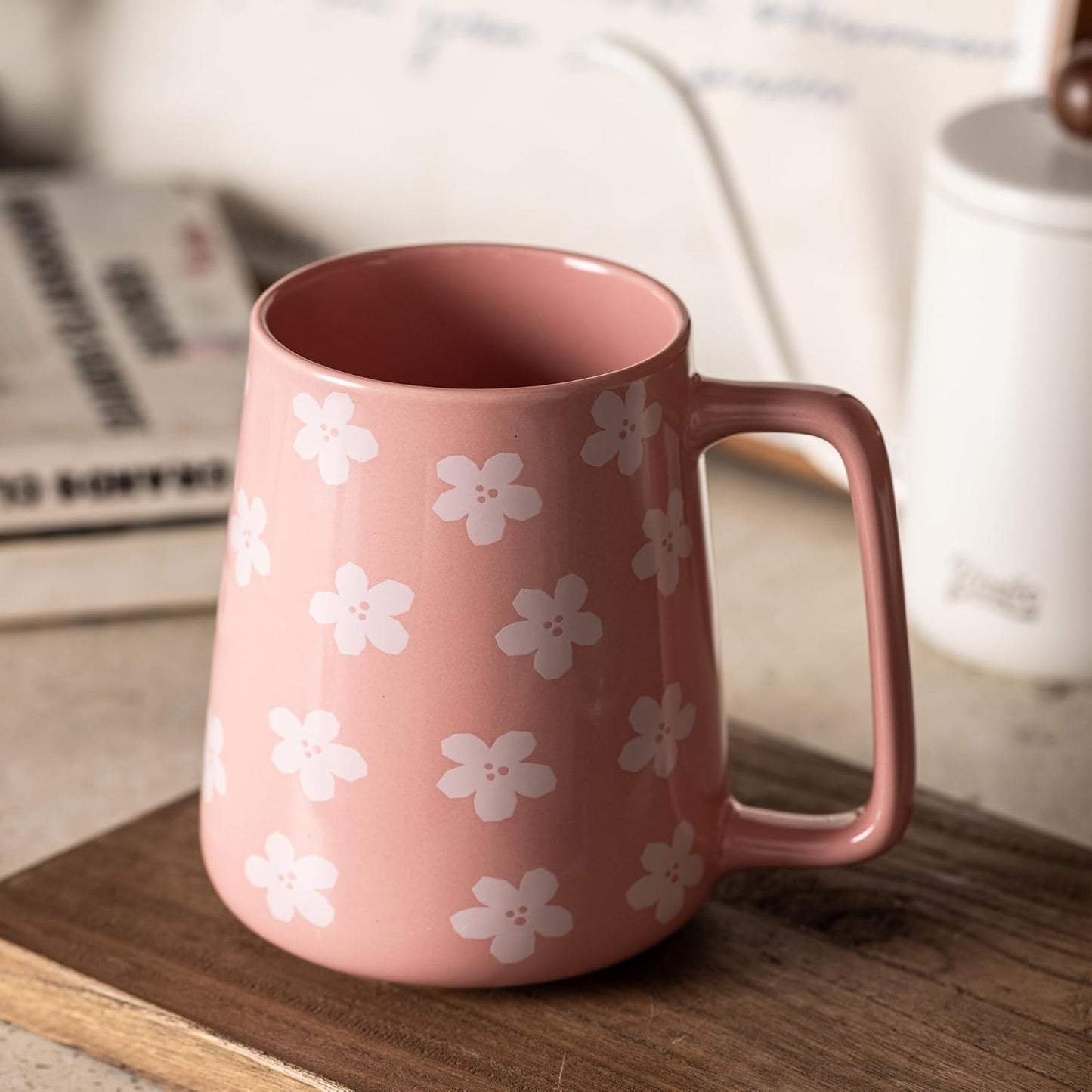 24oz Pink Ceramic Coffee Mug with Cherry Blossom Pattern, Large Capacity Square Handle Cup for Coffee, Tea, Milk, Hot Chocolate, Office & Home