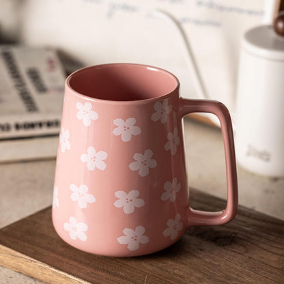 24oz Pink Ceramic Coffee Mug with Cherry Blossom Pattern, Large Capacity Square Handle Cup for Coffee, Tea, Milk, Hot Chocolate, Office & Home