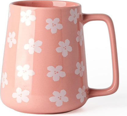 24oz Pink Ceramic Coffee Mug with Cherry Blossom Pattern, Large Capacity Square Handle Cup for Coffee, Tea, Milk, Hot Chocolate, Office & Home