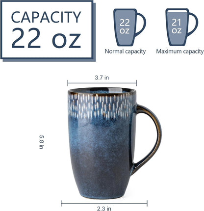 22oz Large Ceramic Coffee Mug, Handmade Gradient Blue Glaze Tall Stoneware Cup for Coffee, Tea, Milk, Hot Chocolate, Office and Home