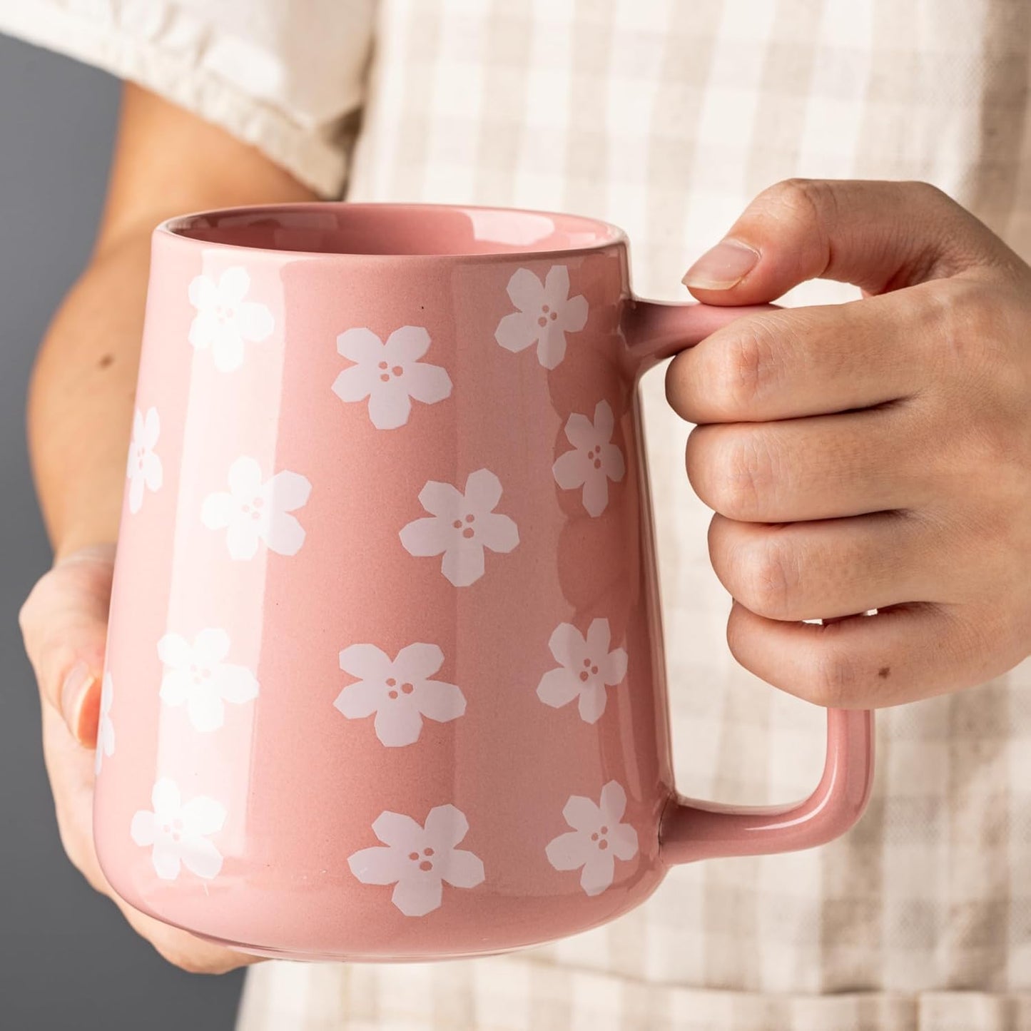24oz Pink Ceramic Coffee Mug with Cherry Blossom Pattern, Large Capacity Square Handle Cup for Coffee, Tea, Milk, Hot Chocolate, Office & Home