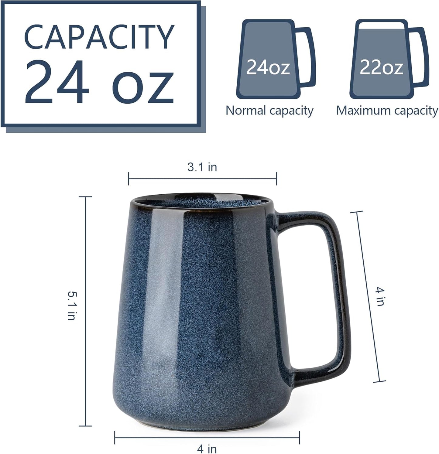 24oz Large Ceramic Coffee Mug, Modern Square Handle Blue Glaze Stoneware Cup for Coffee, Tea, Milk, Hot Chocolate, Office and Home
